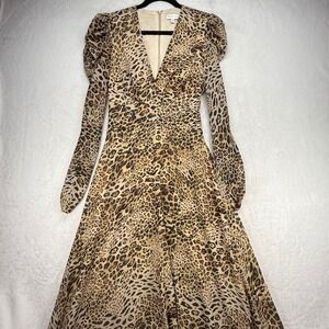 Rony Kobo Leopard Print Maxi‎ Dress Long Sleeve V Neck Party Cocktail M
